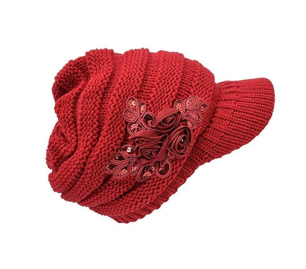 5002 C-US Winter Warm Knit Hat Crochet Visor Brim Cap with Flower Accent